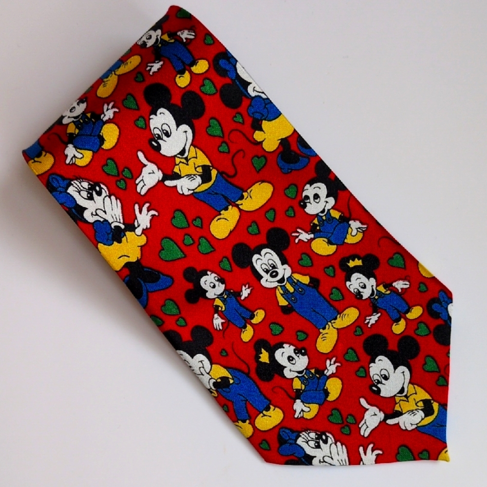 Disney Mickey &‎ Minne Mouse w/ Hearts Silk Neck Tie - Red Blue Yellow